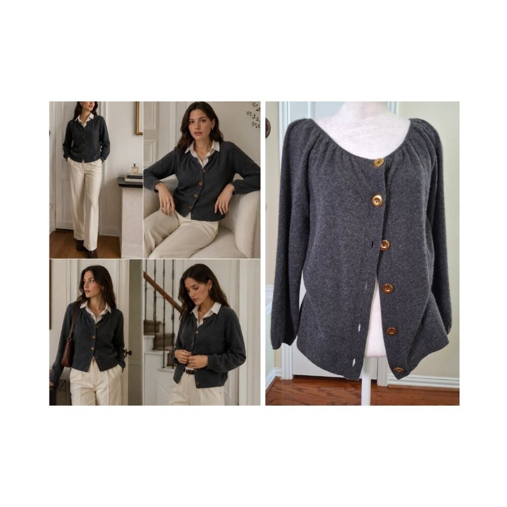 Anne Klein 100% Cashmere Cardigan Sweater Gray M Buttons Puff Sleeve Balletcore